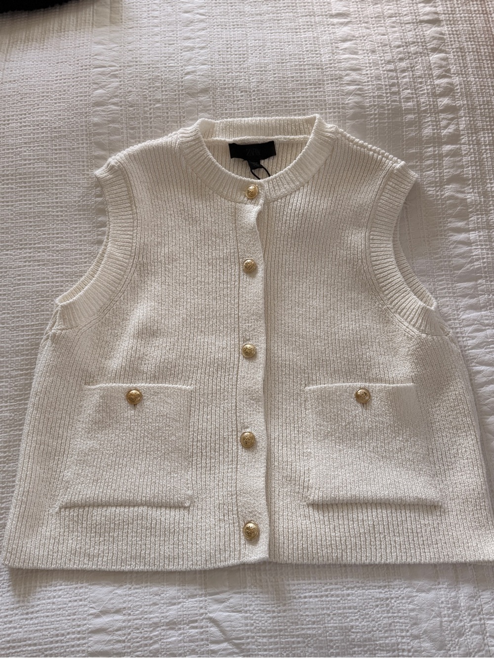 Zara Cream Sleeveless Knit Vest with Gold Buttons